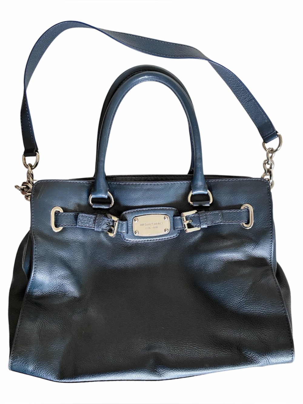 Michael Kors Hamilton Navy Blue Leather Tote with Silver Hardware